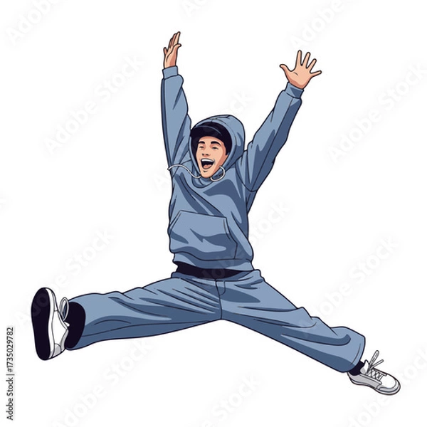 Fototapeta 2D flat vector illustration of a gilpy teenage boy leaping into the air performing a dramatic split jump