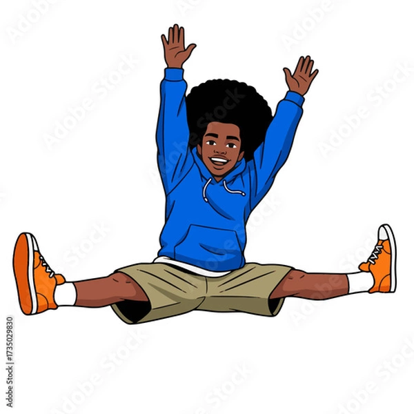 Fototapeta 2D flat vector illustration of a gilpy teenage boy leaping into the air performing a dramatic split jump