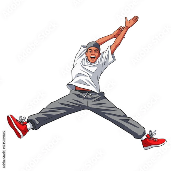 Fototapeta 2D flat vector illustration of a gilpy teenage boy leaping into the air performing a dramatic split jump