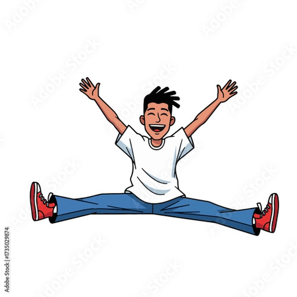 Fototapeta 2D flat vector illustration of a gilpy teenage boy leaping into the air performing a dramatic split jump