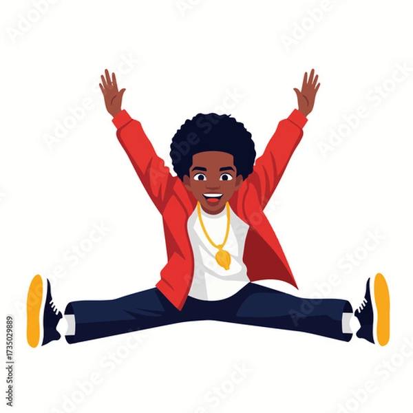 Fototapeta 2D flat vector illustration of a gilpy teenage boy leaping into the air performing a dramatic split jump