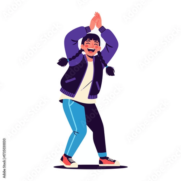 Fototapeta 2D flat vector illustration of a gilpy teenage girl with pigtails and bomber jacket, clapping hands above her head while stepping side to side