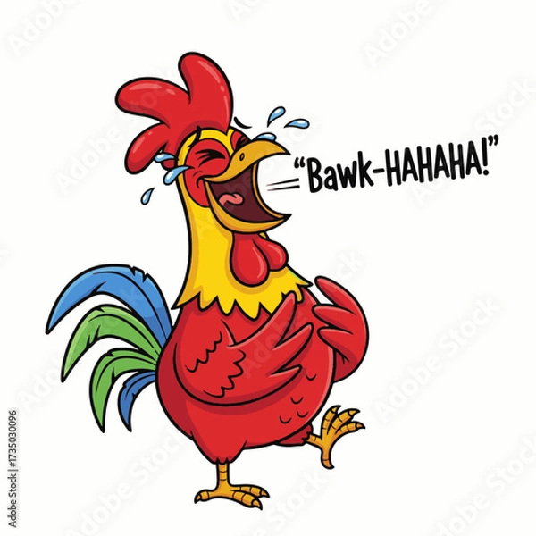Fototapeta Gilpy-style rooster, 2D flat vector, eyes squeezed shut with tears flying, wings slapping its belly, open beak wide as if roaring with laughter