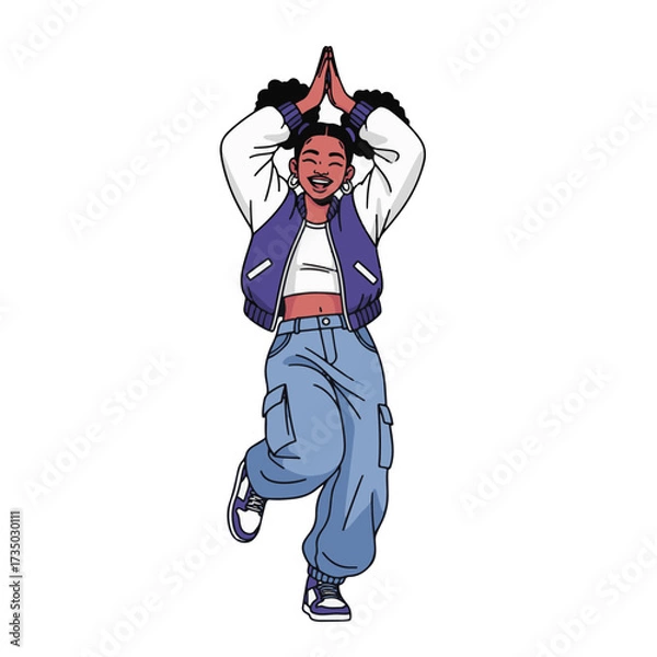 Fototapeta 2D flat vector illustration of a gilpy teenage girl with pigtails and bomber jacket, clapping hands above her head while stepping side to side