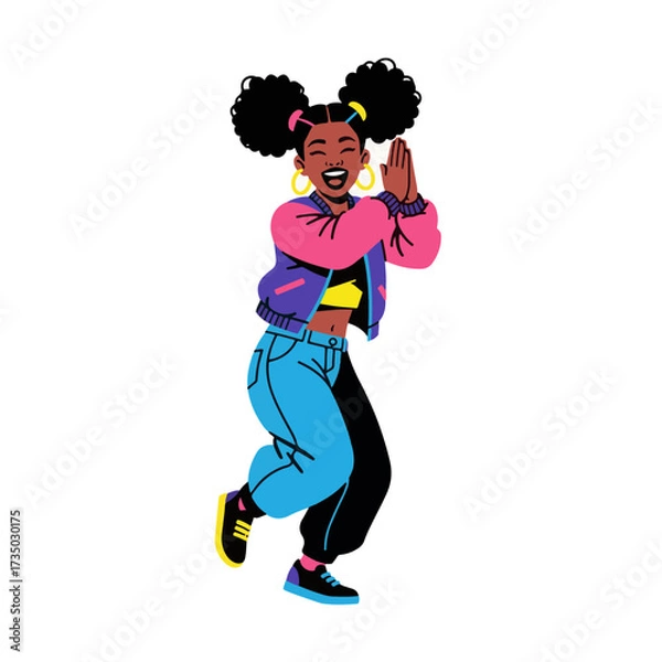 Fototapeta 2D flat vector illustration of a gilpy teenage girl with pigtails and bomber jacket, clapping hands above her head while stepping side to side