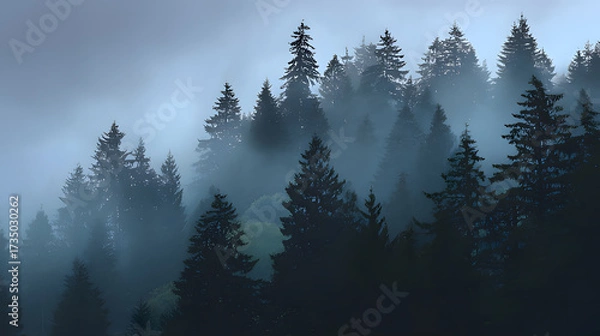 Fototapeta A misty forest at dusk, tall pines shrouded in fog, evoking a sense of mystery and quiet solitude.