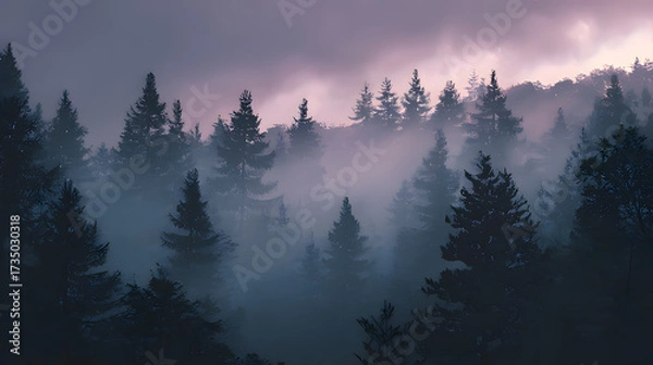 Fototapeta A misty forest at dusk, tall pines shrouded in fog, evoking a sense of mystery and quiet solitude.
