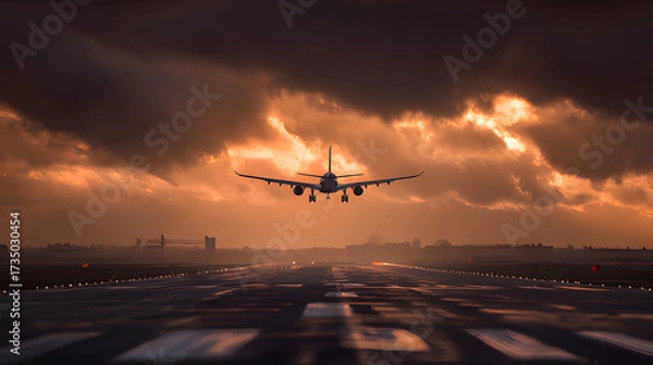 Fototapeta An airplane taking off into a dramatic sky from an airport runway.