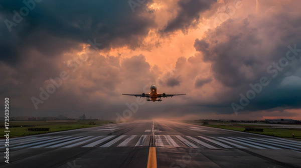 Fototapeta An airplane taking off into a dramatic sky from an airport runway.