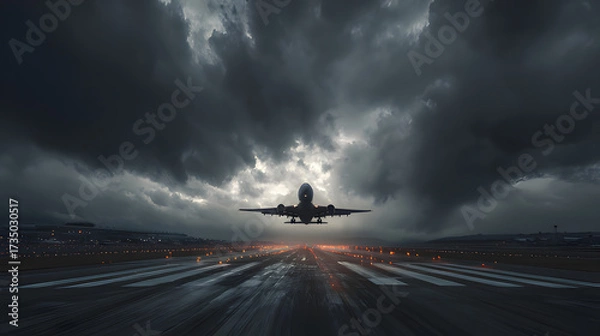 Fototapeta An airplane taking off into a dramatic sky from an airport runway.