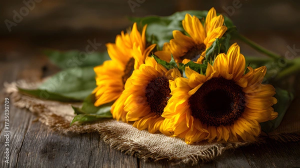 Fototapeta Rustic close-up of sunflower arrangement on a wooden surface with warm natural light.