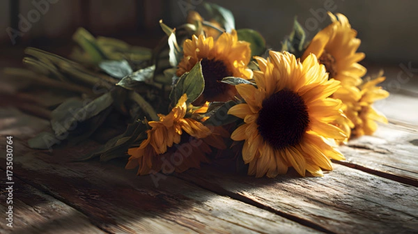 Fototapeta Rustic close-up of sunflower arrangement on a wooden surface with warm natural light.