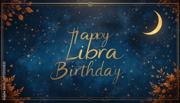 Fototapeta Celebrate a Libra's birthday under a starry night with golden moon glow and falling leaves - Send warm wishes with this elegant card for a special day