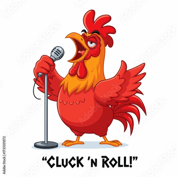 Fototapeta Gilpy-style rooster, 2D flat vector, eyes half-closed with passion, wings holding a microphone stand, mouth wide open singing dramatically like rock concert
