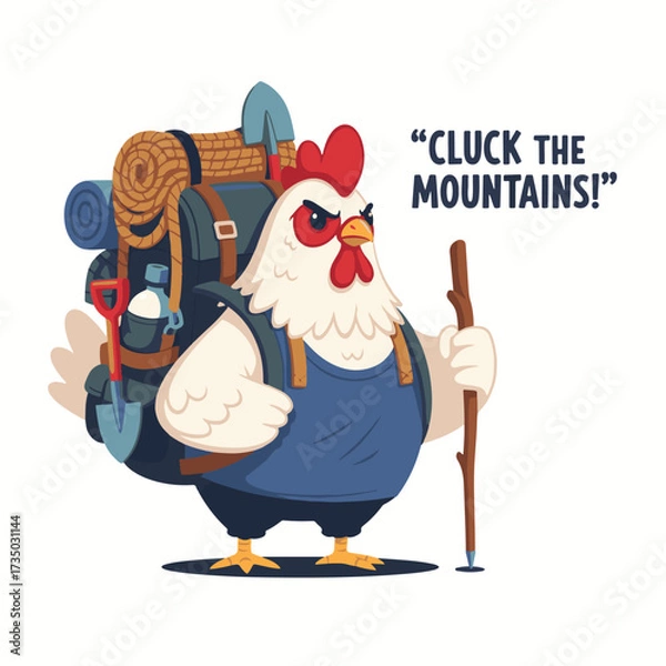 Fototapeta Gilpy-style hen, 2D flat vector, with oversized hiking backpack full of gear, holding walking stick, feathers puffed with determination, cartoon humor