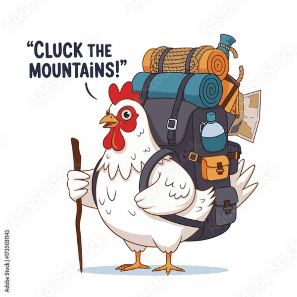 Fototapeta Gilpy-style hen, 2D flat vector, with oversized hiking backpack full of gear, holding walking stick, feathers puffed with determination, cartoon humor