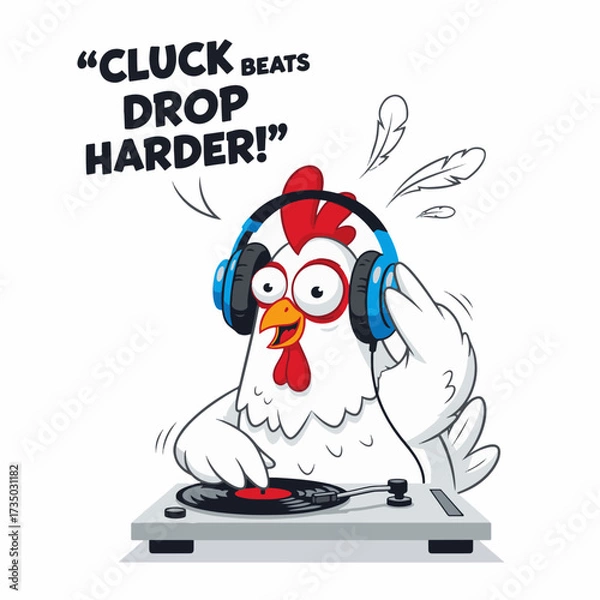 Fototapeta 2D flat vector illustration of a gilpy cartoon hen wearing oversized headphones, standing behind a turntable with wings up as if scratching vinyl, eyes wide with excitement, feathers flying