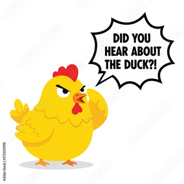 Fototapeta 2D flat vector illustration of a gilpy cartoon hen with beak half open as if whispering gossip, eyes darting sideways mischievously, one wing covering her mouth