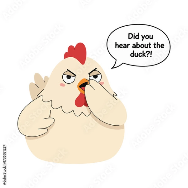 Fototapeta 2D flat vector illustration of a gilpy cartoon hen with beak half open as if whispering gossip, eyes darting sideways mischievously, one wing covering her mouth