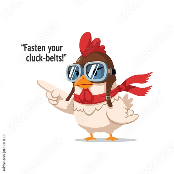 Fototapeta Gilpy-style hen, 2D flat vector, wearing oversized aviator goggles and tiny pilot scarf flapping dramatically, one wing pointing forward like giving command