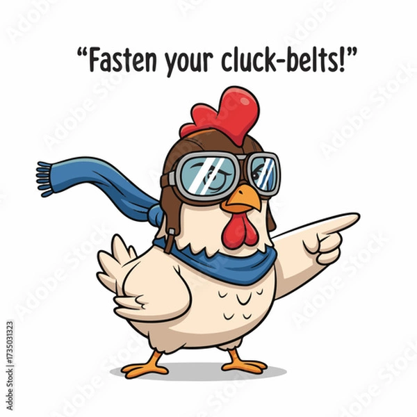 Fototapeta Gilpy-style hen, 2D flat vector, wearing oversized aviator goggles and tiny pilot scarf flapping dramatically, one wing pointing forward like giving command