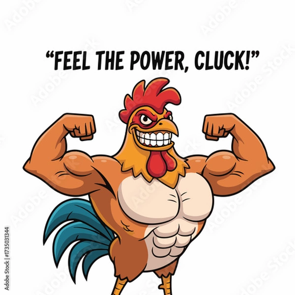 Fototapeta Gilpy-style rooster, 2D flat vector, chest puffed out, wings bent like flexing biceps, silly grin with teeth showing