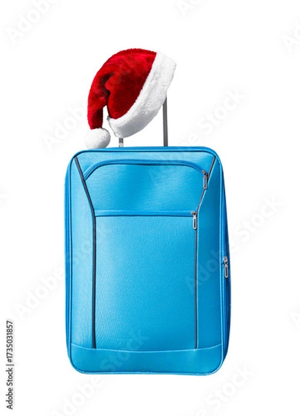 Fototapeta Santa Claus hat on suitcase handle, closeup object. Isolated on transparent background. Christmas and New Year celebration