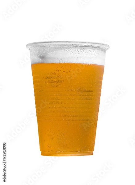 Fototapeta Beer in plastic cup, closeup object. Isolated on transparent background