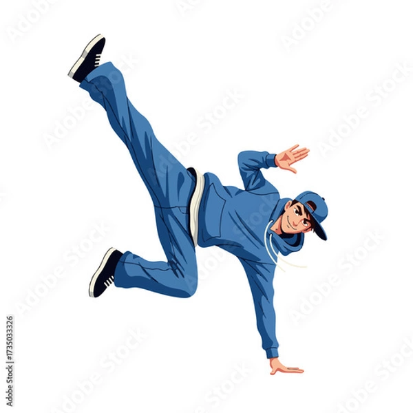 Fototapeta 2D flat vector illustration of a gilpy teenage boy in loose jeans and cap, holding a dramatic one-hand freeze pose with one leg kicking out and the other bent