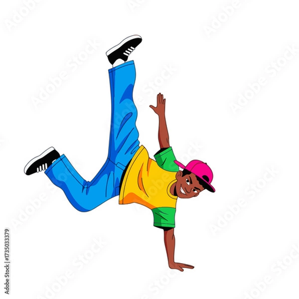 Fototapeta 2D flat vector illustration of a gilpy teenage boy in loose jeans and cap, holding a dramatic one-hand freeze pose with one leg kicking out and the other bent
