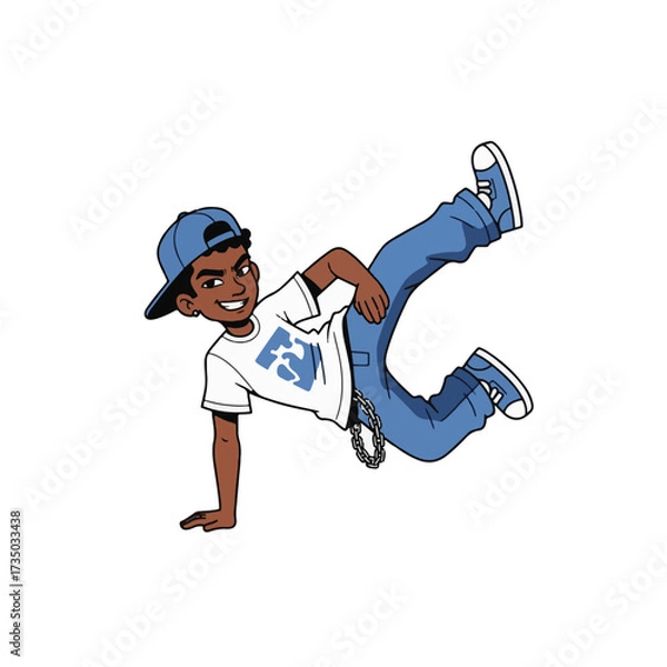 Fototapeta 2D flat vector illustration of a gilpy teenage boy in loose jeans and cap, holding a dramatic one-hand freeze pose with one leg kicking out and the other bent