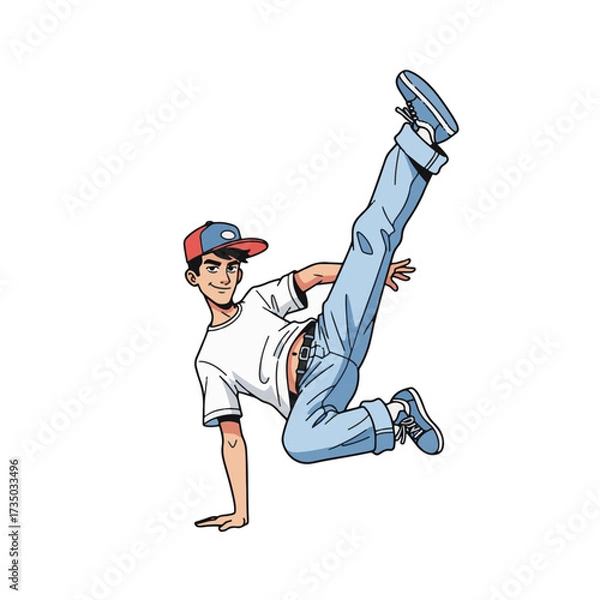 Fototapeta 2D flat vector illustration of a gilpy teenage boy in loose jeans and cap, holding a dramatic one-hand freeze pose with one leg kicking out and the other bent