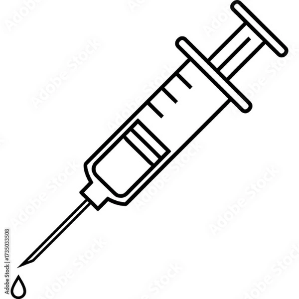 Obraz A minimalist line art illustration of a medical syringe with a needle and a small drop, symbolizing healthcare, vaccination, therapeutic injections, and accurate medication delivery