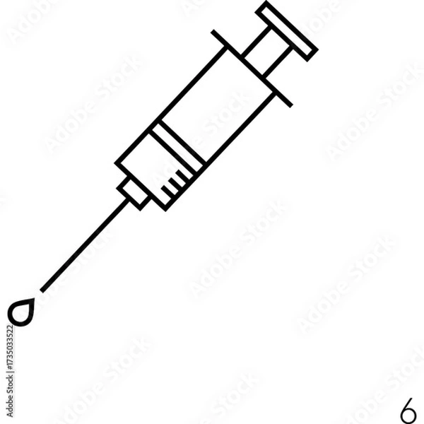 Obraz Simple line art illustration of a medical syringe with a single drop of liquid falling from the needle, symbolizing healthcare and medical treatment