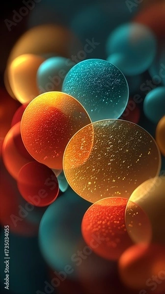 Fototapeta Abstract molecular structure showing colorful spheres with reflections and bubbles.