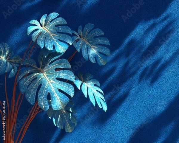 Fototapeta Vibrant monstera leaves casting elegant shadows on a bold blue background.