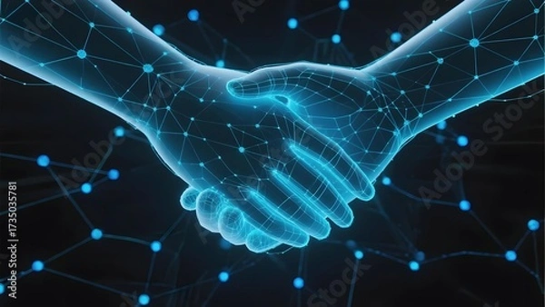 Fototapeta Digital handshake formed by interconnected nodes and lines, symbolizing technology and collaboration