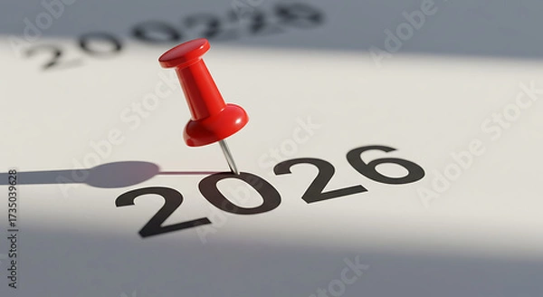 Fototapeta Year 2026 Marked: A calendar page highlights the year 2026, emphasized by a red pushpin. This conceptual image symbolizes planning, deadlines, and forward thinking. 