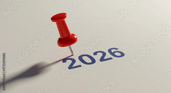 Fototapeta Pinpointing the Future: A vibrant red pin strategically marks the year 2026 on a textured paper backdrop, representing a focus on the future