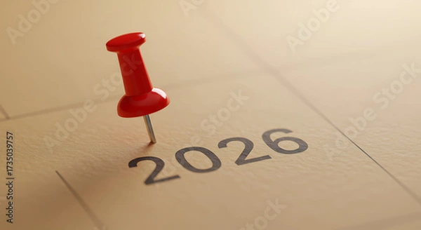 Fototapeta Marking the Year: A close-up of the number 2026 on a calendar, highlighted by a push pin, symbolizing a moment of focus and future planning. 