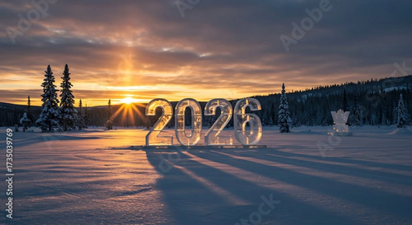 Fototapeta New Year's Eve Spectacle: A stunning winter landscape unfolds as the year 2026 is carved in ice, bathed in the golden rays of sunrise over the snowscape.