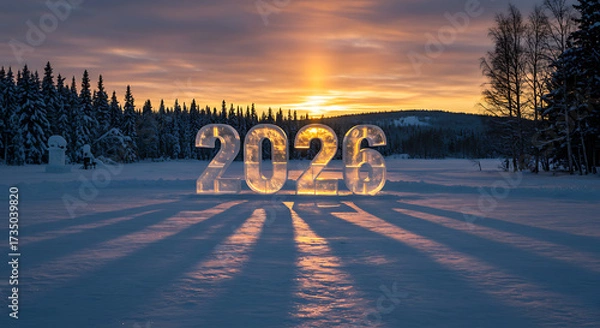 Fototapeta 2026 New Year in Winter Wonderland: The illuminated year 2026 casts a stunning shadow across a snow-covered landscape, while the setting sun paints the sky with warm hues. 