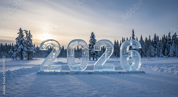 Fototapeta 2026 Ice Sculpture in Winter Landscape: A stunning ice sculpture of the year 2026 sparkles in a snowy landscape, basking in the golden hues of the setting sun.