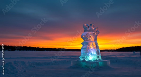 Fototapeta Ice Sculpture at Dusk: A breathtaking ice sculpture, illuminated with internal lights, stands proudly against the backdrop of a vibrant, fiery sunset over a snow-covered landscape.