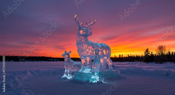 Fototapeta Ice Sculpture with Sunset Backdrop: A majestic ice sculpture of two deer stands gracefully against a vibrant sunset, creating a stunning contrast of ice and fire.