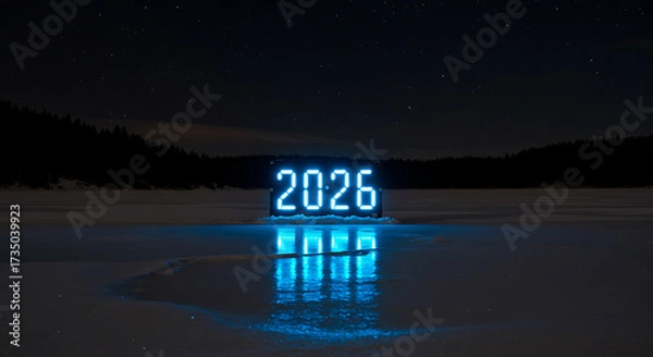 Fototapeta Illuminated 2026 on Ice: A captivating scene unfolds, with a glowing blue 2026 sign prominently displayed against the backdrop of a frozen lake under the night sky.