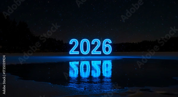 Fototapeta Year 2026 in Luminescence: The year 2026 gleams with luminous digits across the still waters of a tranquil lake, mirroring a breathtaking spectacle under a dark sky.
