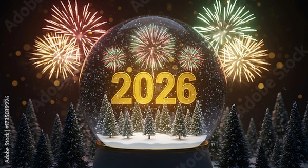 Fototapeta New Year 2026 Celebration: A magical snow globe with '2026' illuminated amidst festive fireworks, offering a glimpse into a year of hope and celebration.