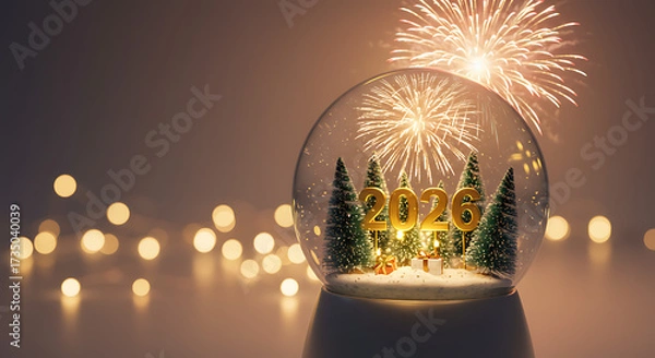 Fototapeta New Year 2026 Wishes: The snow globe depicts a serene winter scene, with golden 2026 numerals and miniature fir trees nestled within. Outside, fireworks burst, symbolizing new beginnings.