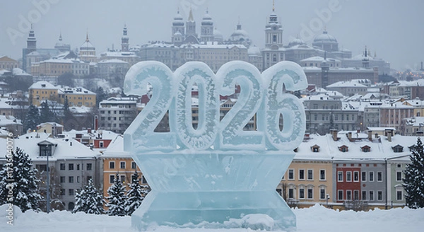 Fototapeta Frozen in Time: The year 2026 is artistically carved in ice, framed by a snow-covered cityscape, the backdrop to this evocative scene. Capturing a moment of future.
